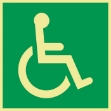 Skilt: Nødutgang handicap. Etterlysende/selvlysende nødskilt som viser nødutgang / rømningsvei for hc/handicap.