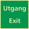 Nødskilt: Utgang / Exit. Etterlysende/selvlysende nødskilt for skilting av nødutgang/rømningsvei. Skiltet har tekst utgang / exit.