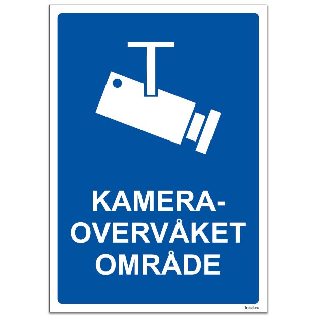 Skilt for kameraovervåkning. Skiltet har bilde av kamera og teksten kameraovervaket omrade.