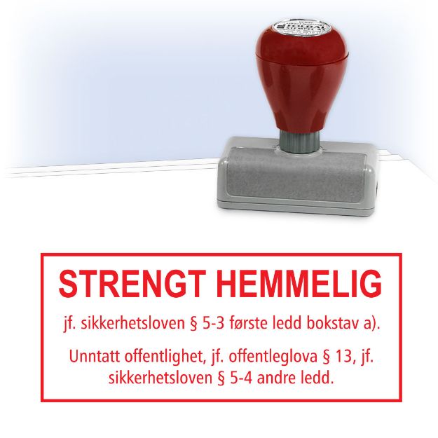 Stempel for gradering: Strengt hemmelig jf. sikkerhetsloven, rødt stempel