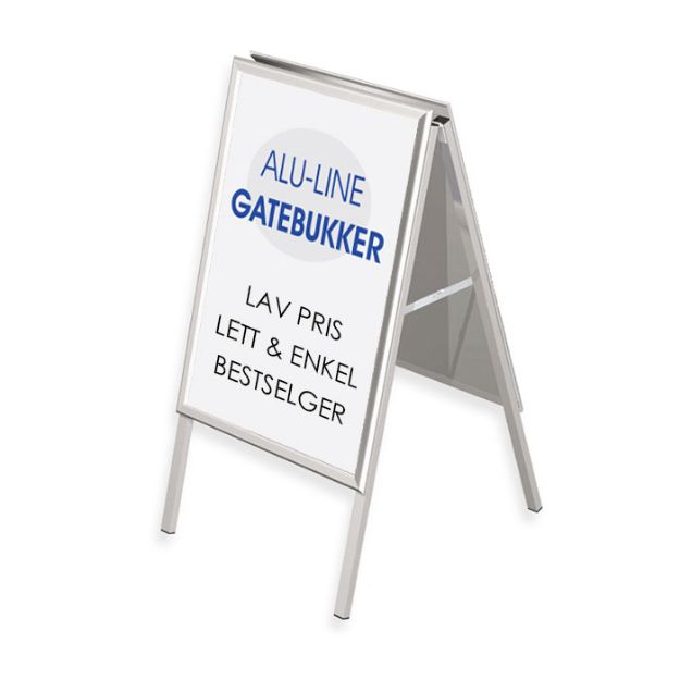 Alu-line gatebukk er en lett og solid gatebukk i aluminium til billig pris. Plakatstørrelse 50x70cm, 100x70cm