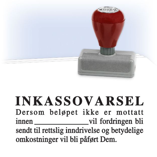 Inkassovarsel stempel for stempling av purringer og inkassovarsler. Stempelet har tekst inkassovarsel og dersom beløpet ikke er mottatt innen fristen... osv.