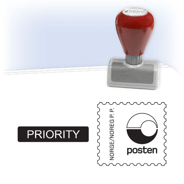 Stempel du trenger for å stemple post til utlandet. Priority porto betalt.