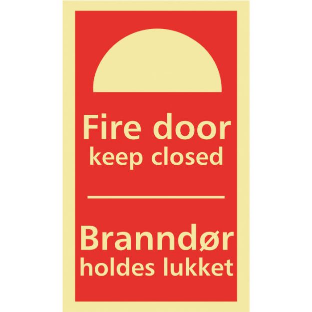 Skilt: Branndør holdes lukket, Fire door keep closed