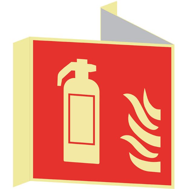 Etterlysende plogskilt for brannslukningsapparat / brunnslukker. Skiltet står ut fra veggen og viser plassering av brannslukker fra begge sider.