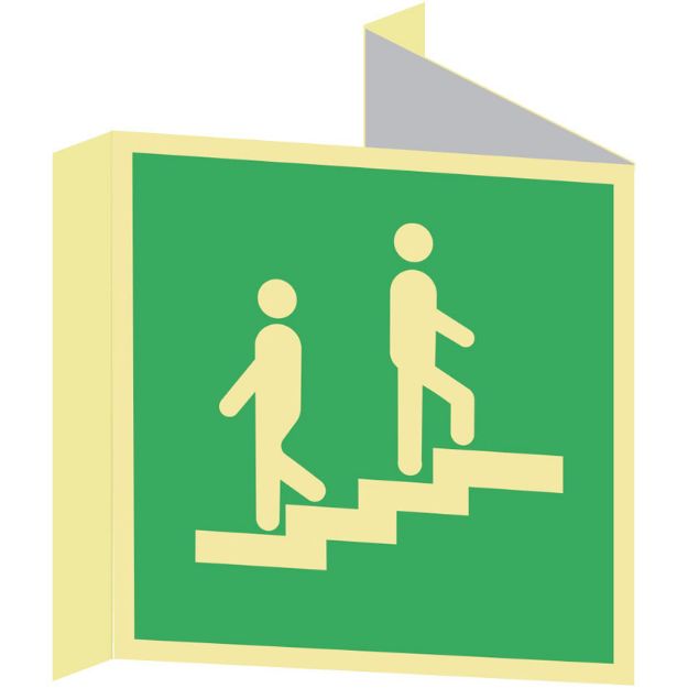 Etterlysende plogskilt for nødutgang trapp. Skiltet står ut fra veggen og viser plassering av trapp som leder til nødutgang.