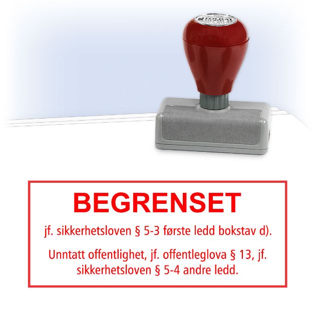 Stempel med tekst Begrenset jf. sikkerhetsloven, rødt stempel for gradering av dokumenter