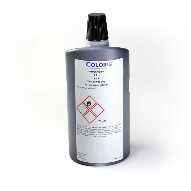 Coloris R9 universalt spesialblekk som tørker raskt på krevende materialer som plast, metall, glass der standard stempelblekk ikke kan brukes.
