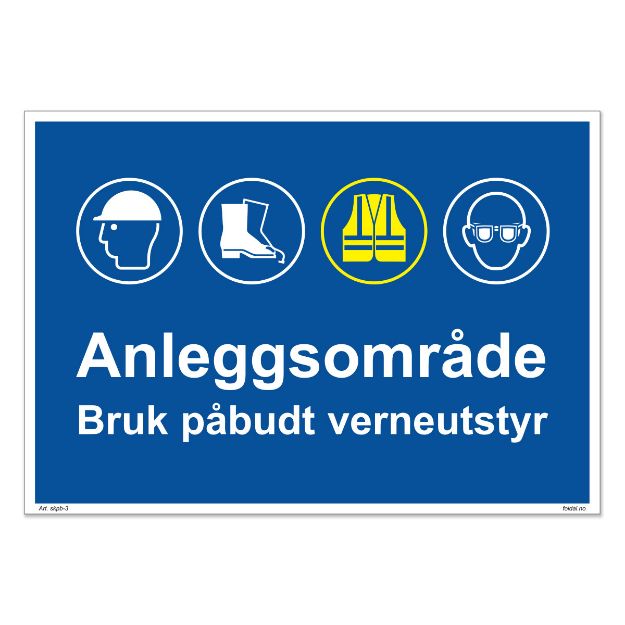 HMS skilt for industri og arbeidsplass med tekst: Anleggsområde, bruk påbudt verneutstyr. Blått skilt med symbol for påbud som gjelder. Øker sikkerheten for ansatte og besøkende på anleggsområdet.