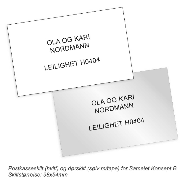 Postkasseskilt og dørskilt for sameiet Konsept B