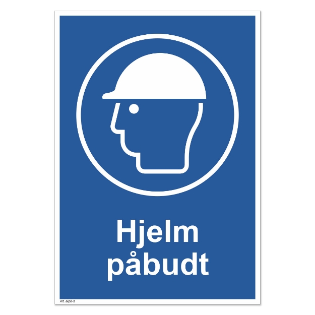 HMS skilt: Påbudt med hjelm. Påbudsskilt i god kvalitet for tydelig merking av industri-lokaler og arbeidsplasser der HMS og sikkerhet krever bruk av hjelm.