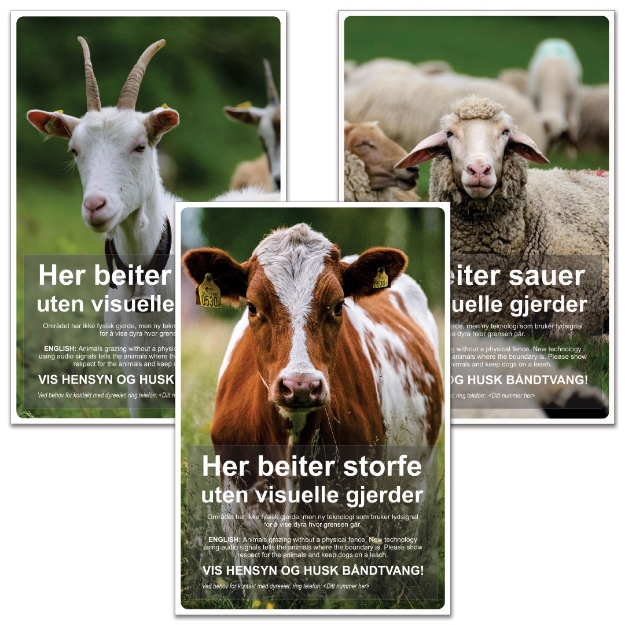 Nofence skilt for merking av gjerdeløst beite. Skilt for storfe, sau og geit.