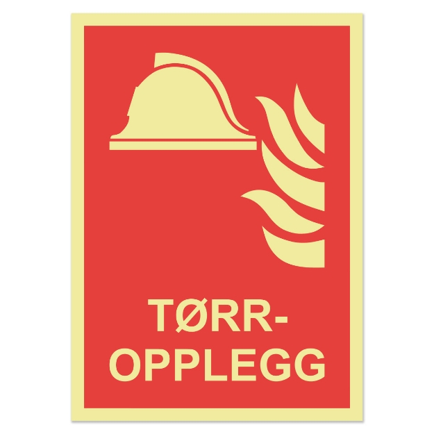 Brannskilt for merking av tilkoblingspunkt for tørropplegg / stigeledning. Etterlysende og  godt synlig for brannvesenet ved brann.