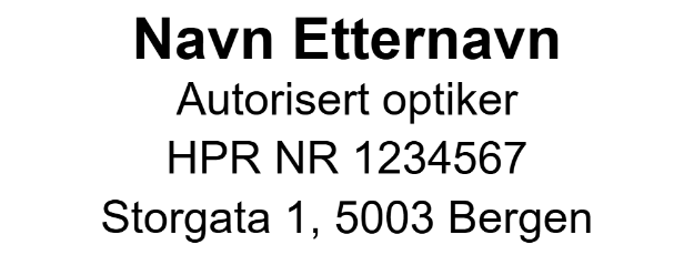 Bilde av Optiker stempel med navn, tittel og HPR-nummer
