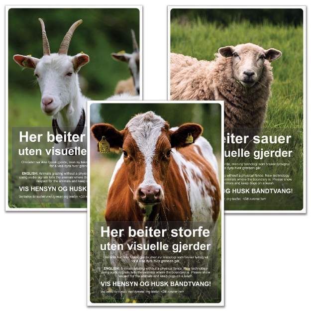 Nofence skilt for merking av gjerdeløst beite. Skilt for storfe, sau og geit.