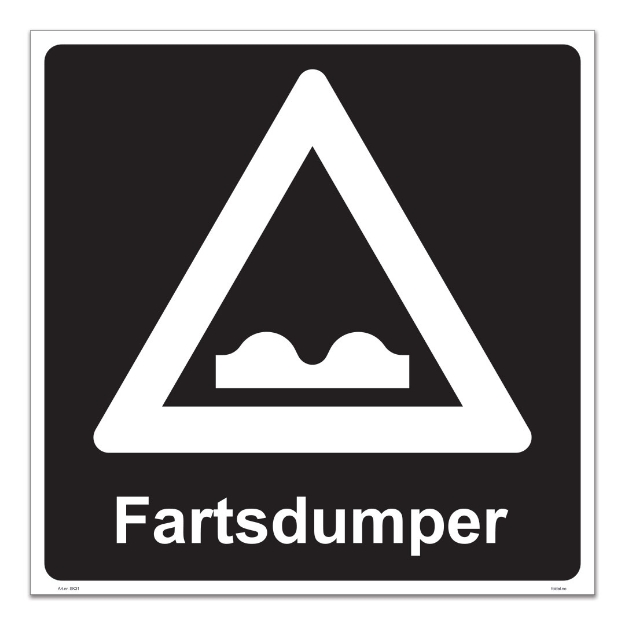 Fartsdump skilt – privatrettslig varselskilt for fartsdumper på privat vei. Svart og hvit farge.
