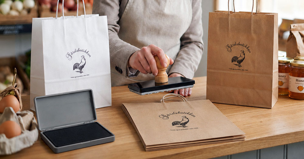 Person som bruker stort stempel til å stemple brune og hvite papirposer med egen logo